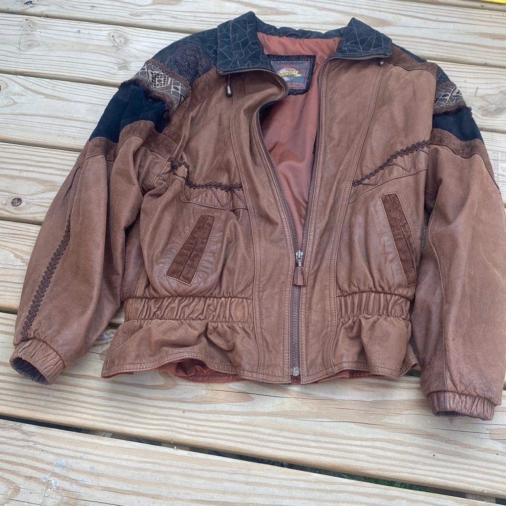 VTG Adventure Bound Leather Jacket Womens XS Southwestern Tasseled Zip Brown